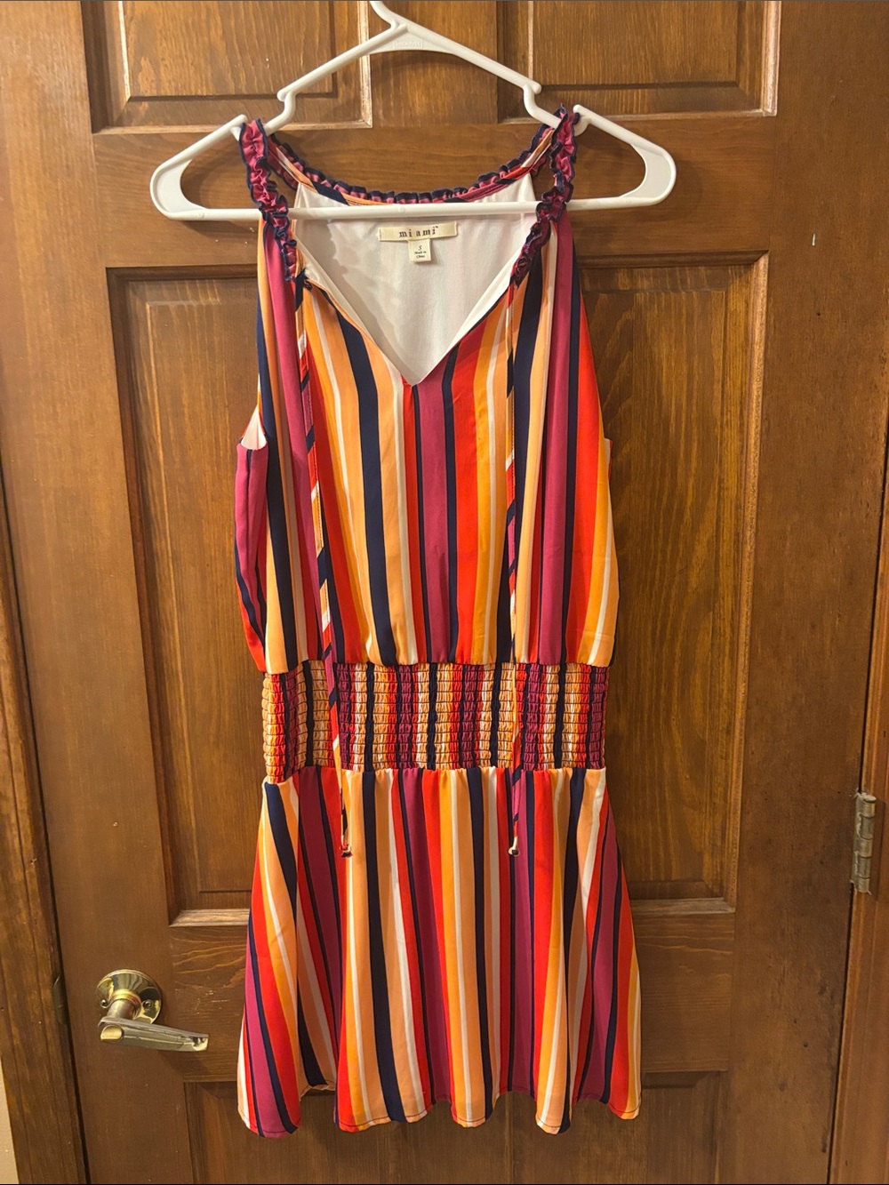 miami Pink-Orange-Red Striped V-Neck Smocked Mini Dress